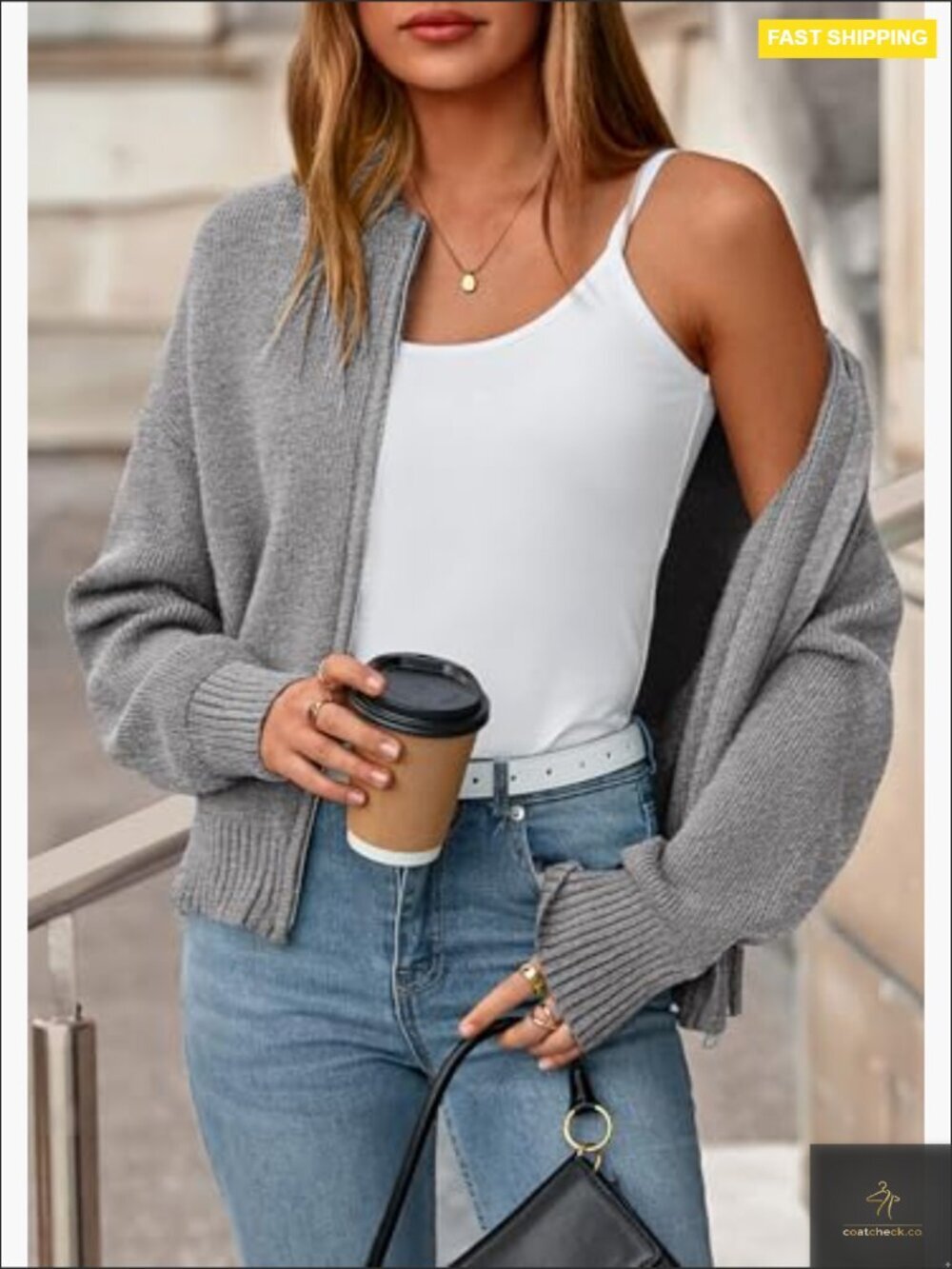 Chunky Cardigan Sweater Open Front Zipper Long Sleeve Ribbed Knit Short Jacket - Picture 4 of 7
